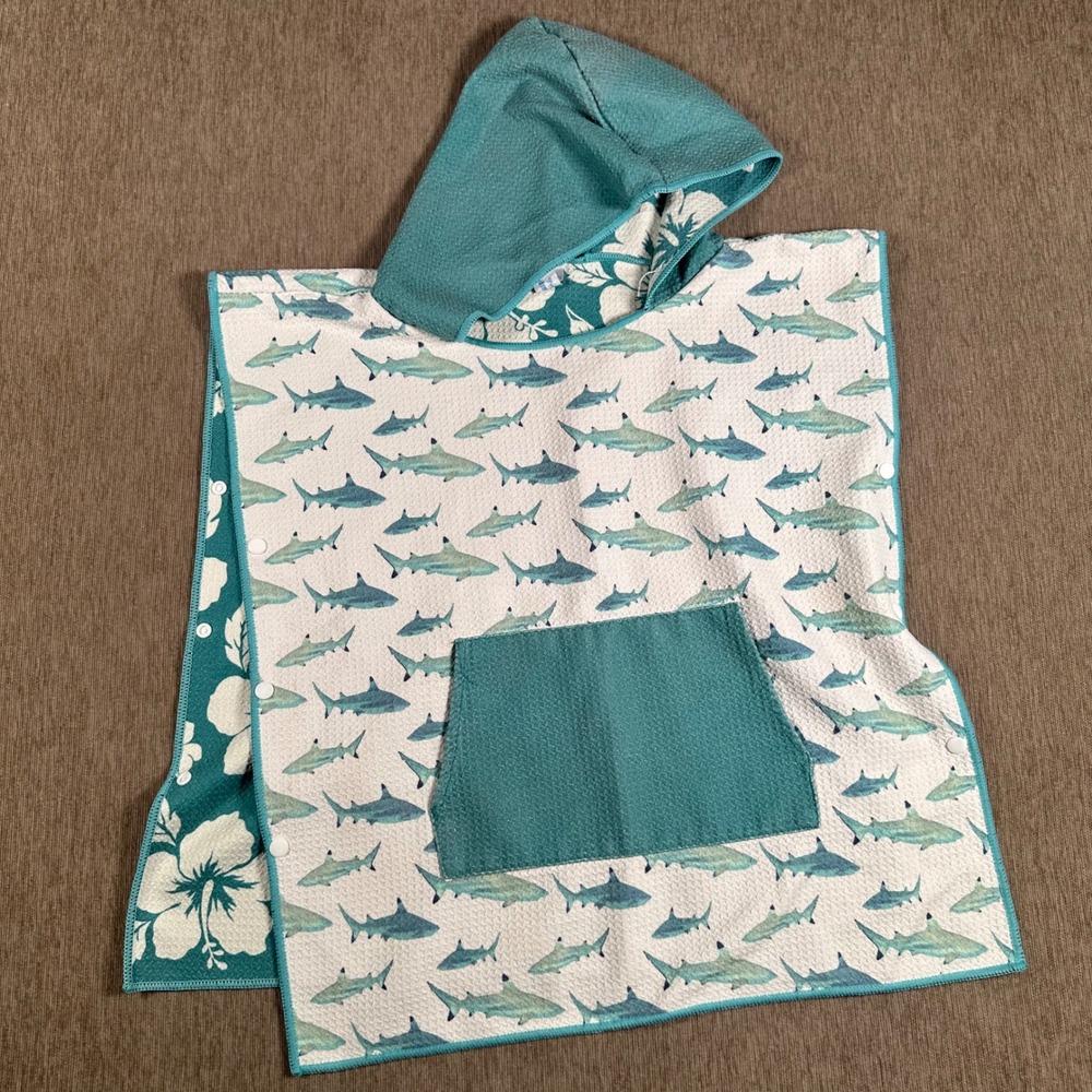 Aloha Kids Shark Print Hooded Beach Poncho Towel Teal White Size 1-3 Years